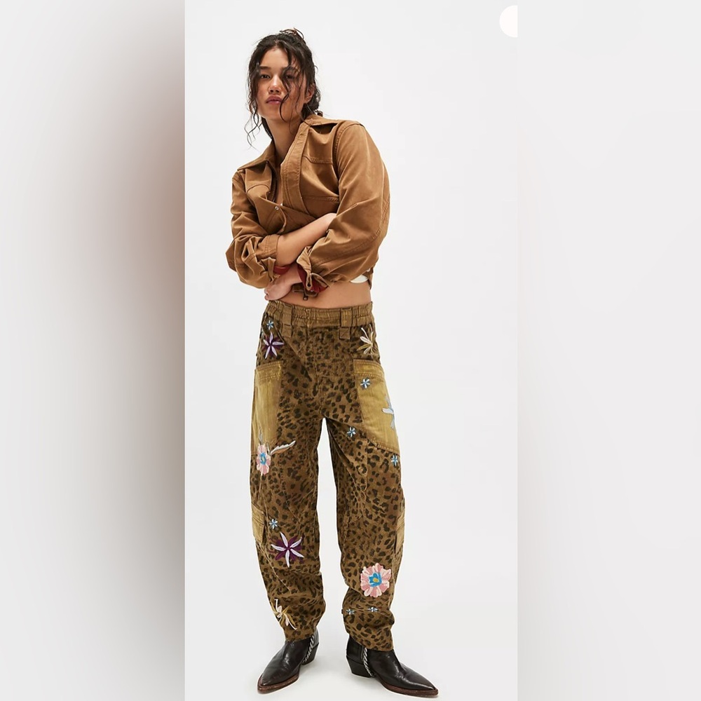 Free People Olive Brown Embroidered Leopard Cargo Joggers